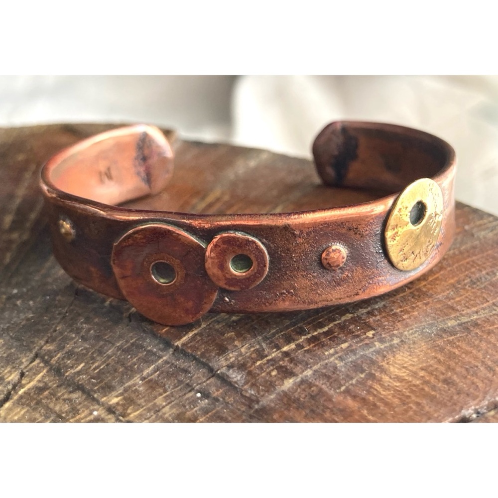 Artisan Recycled Copper & Brass Cuff Bracelet w/ Modernist Disk/Circle Design